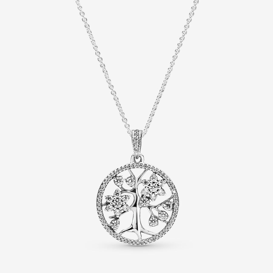 Family tree silver pendant with clear cubic zirconia and necklace image number 0