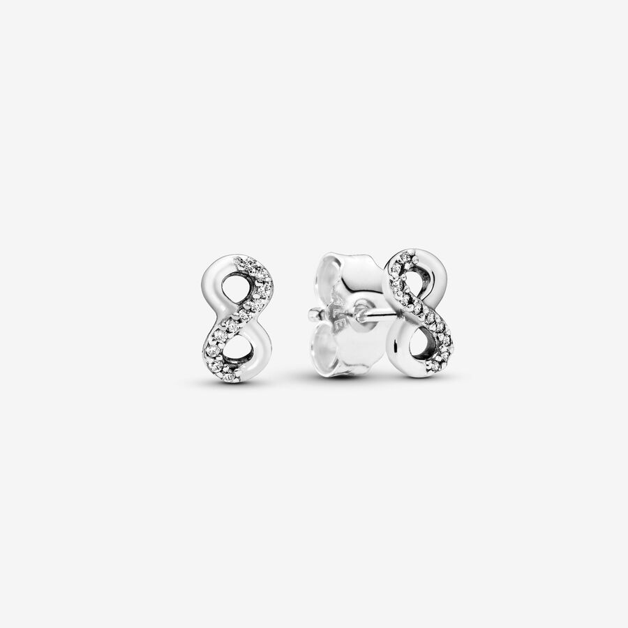 Infinity silver stud earrings with clear cubic zirconia image number 0