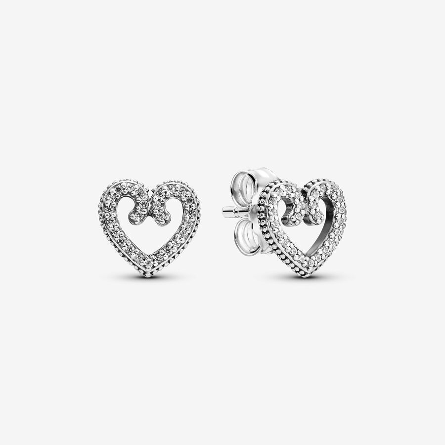 Heart silver stud earrings with clear cubic zirconia image number 0