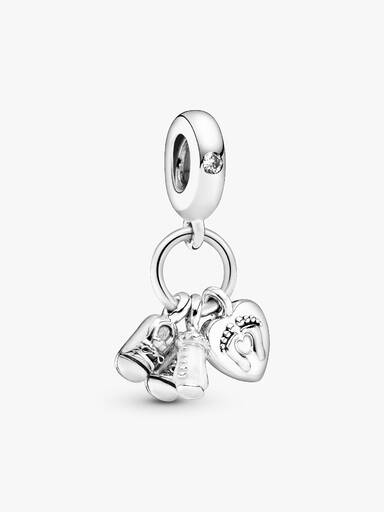 Shoes, baby bottle and heart silver dangle with clear cubic zirconia and white enamel