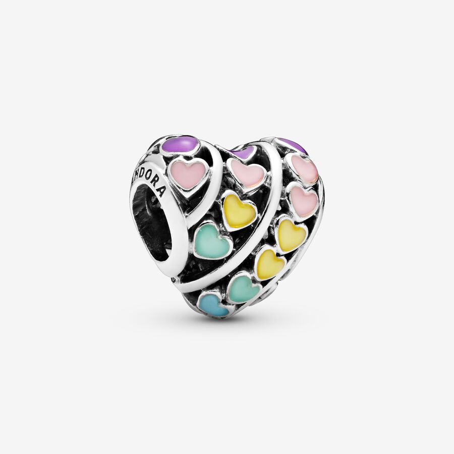 Heart silver charm with pink, purple, blue, yellow and green enamel image number 0