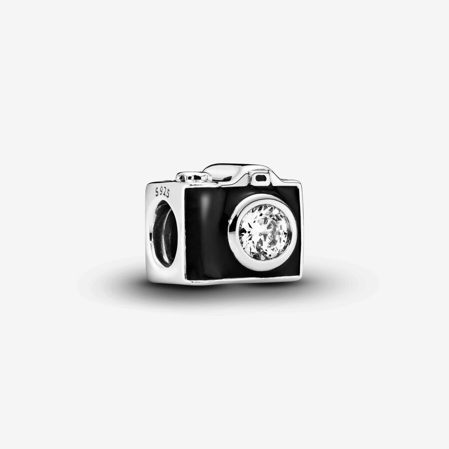 Camera silver charm with black enamel and cubic zirconia image number 0