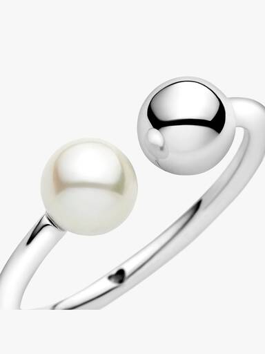 Open silver ring with white freshwater cultured pearl