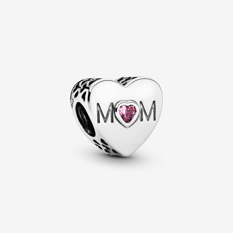 Mum heart silver charm with pink cubic zirconia image number 0
