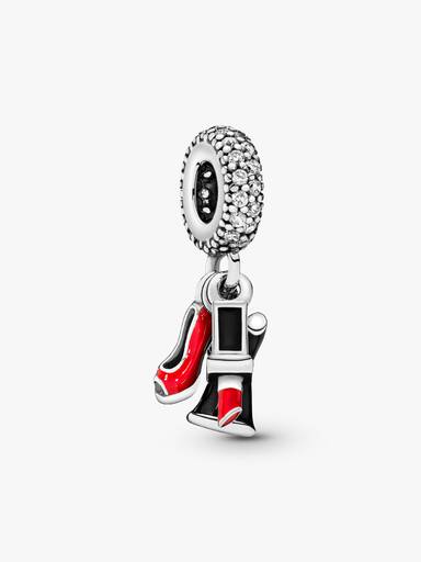 Shoe, dress and lipstick silver dangle with clear cubic zirconia, red and black enamel