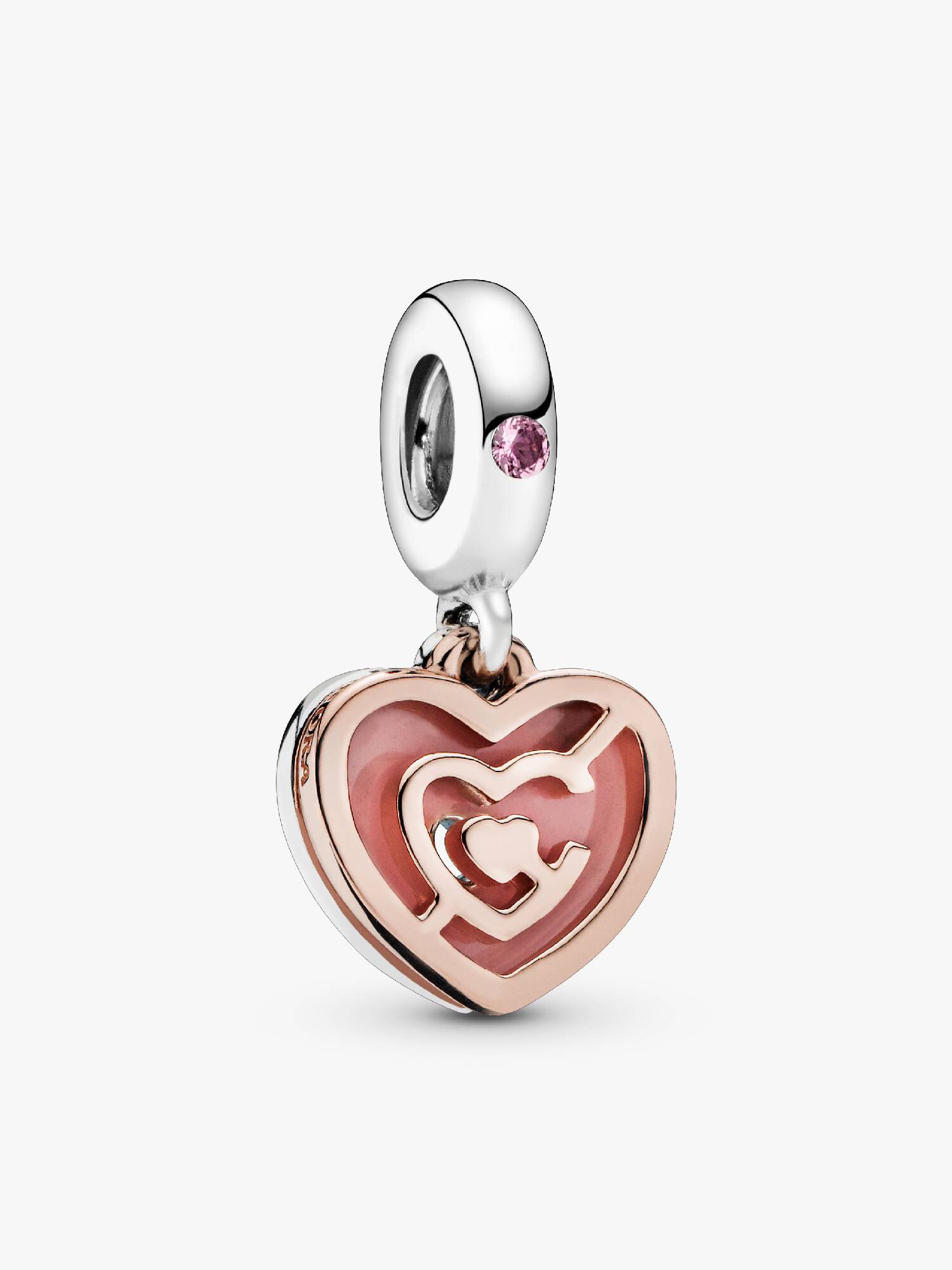 Labyrinth heart 14k rose gold-plated and silver dangle with blush pink crystal and pink enamel