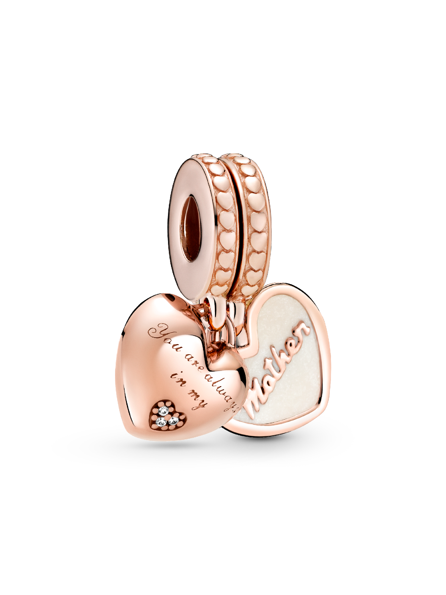 Mother & daughter 14k rose gold-plated split dangle with silver enamel and clear cubic zirconia