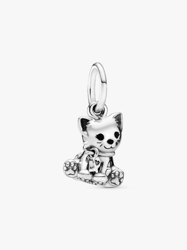 Cat silver dangle with black enamel