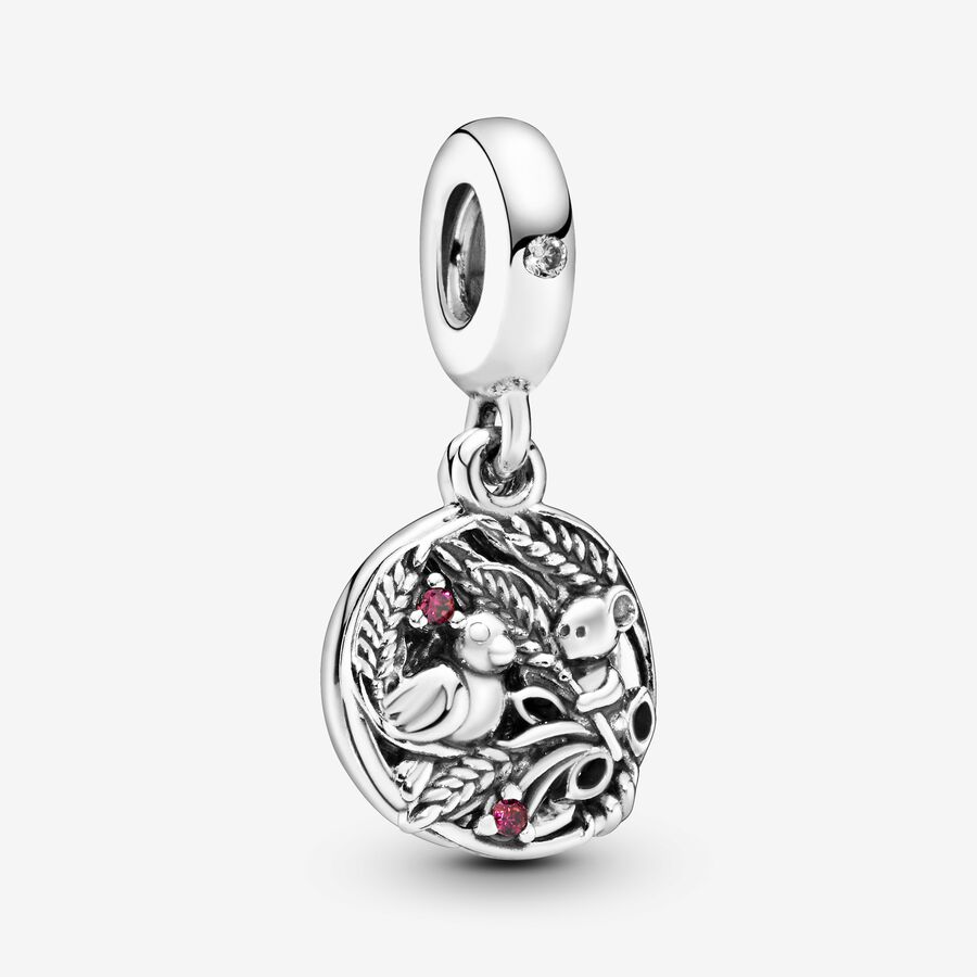 Wheatfield bird and mouse silver dangle with purple enamel, red and clear cubic zirconia image number 0