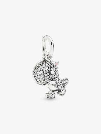 Dinosaur silver dangle with clear cubic zirconia and pink enamel