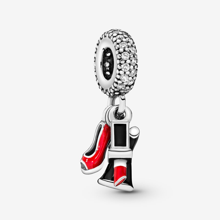 Shoe, dress and lipstick silver dangle with clear cubic zirconia, red and black enamel image number 0