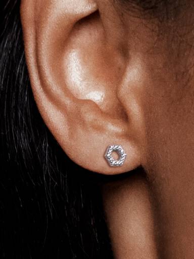 Hexagon sterling silver stud earrings with clear cubic zirconia