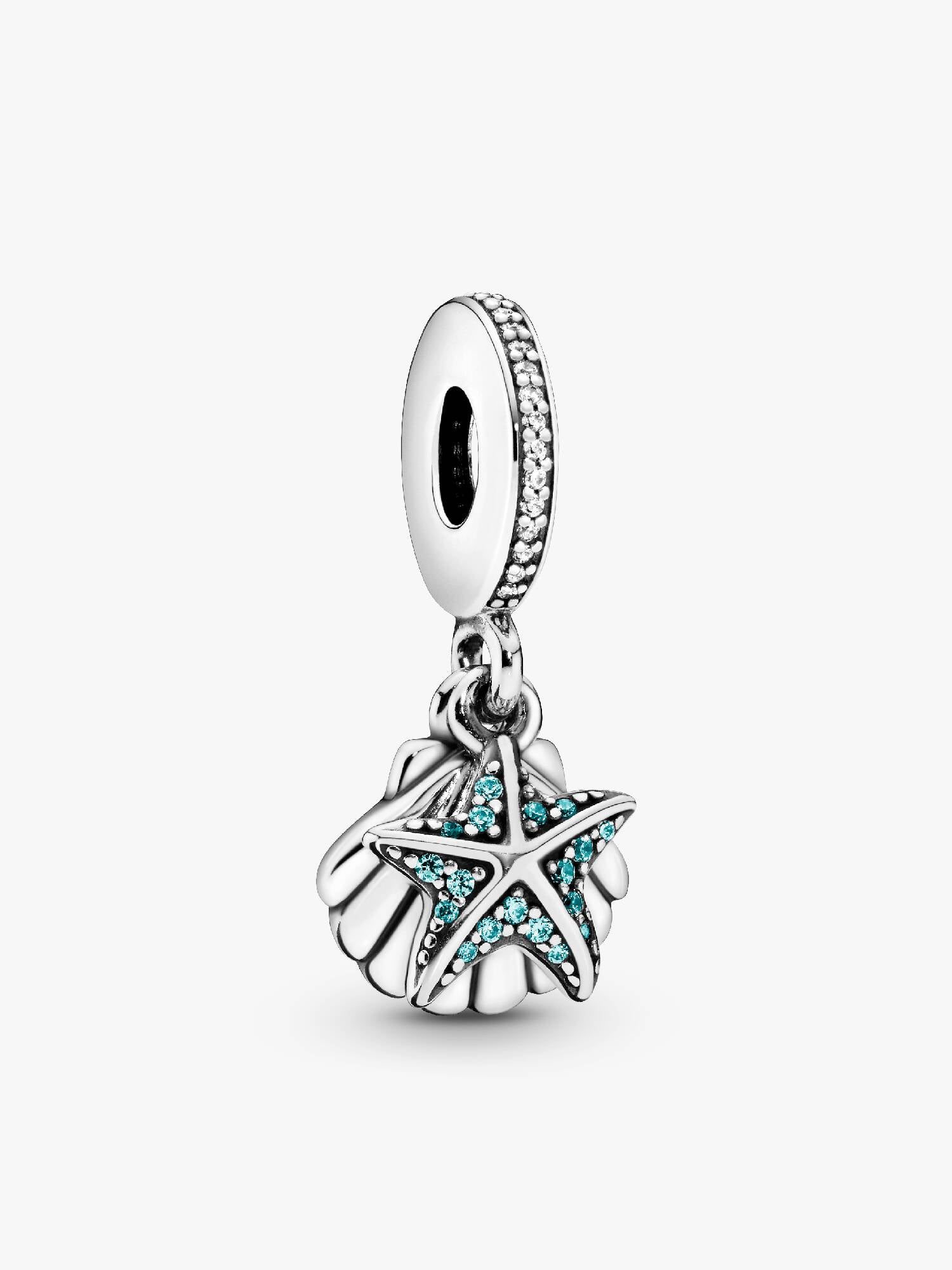 Starfish and shell silver dangle with frosty mint cubic zirconia and clear cubic zirconia