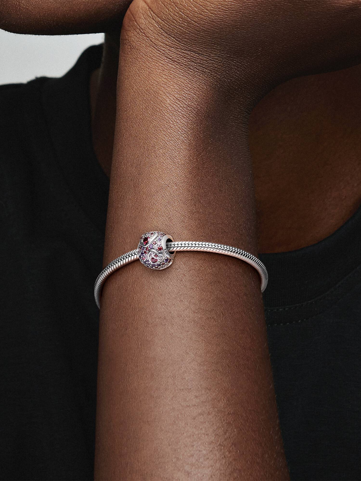 Heart silver charm with red and pink cubic zirconia and royal purple crystal