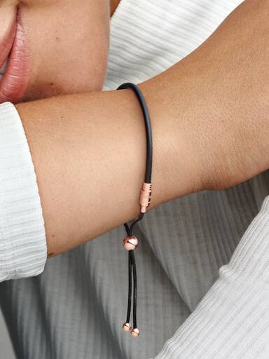 14k Rose gold-plated sliding bracelet in black leather, waxed cord with clear cubic zirconia