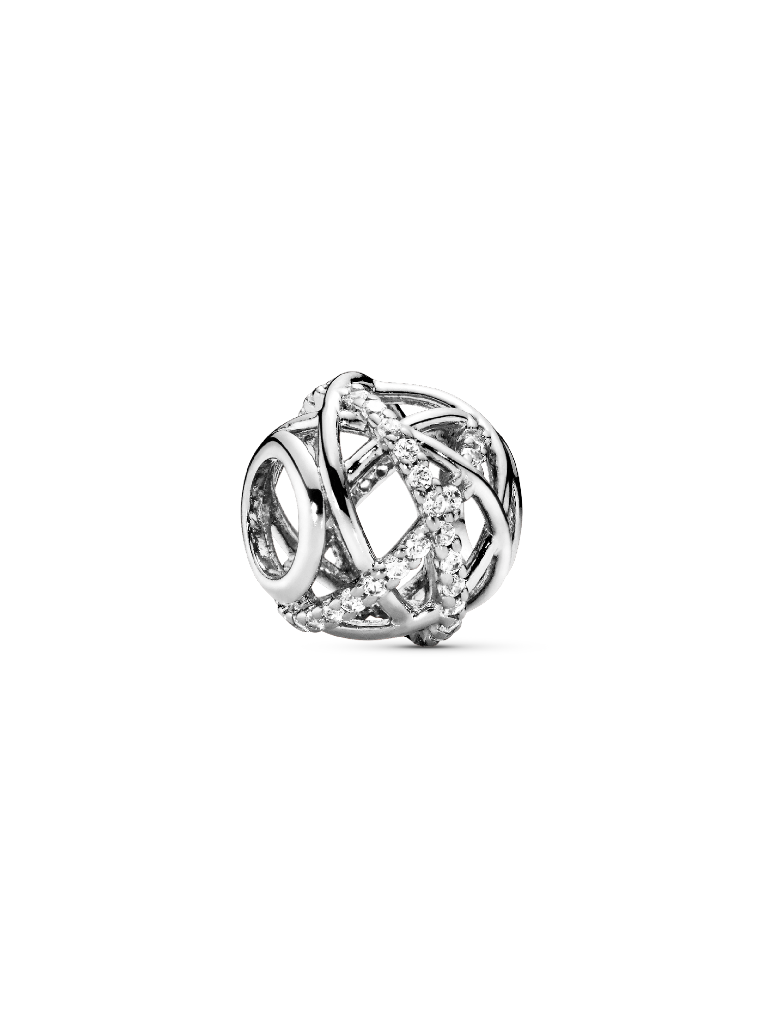 Openwork abstract silver charm with cubic zirconia
