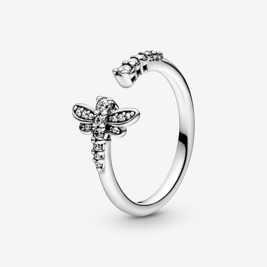 Dragonfly sterling silver open ring with clear cubic zirconia image number 0