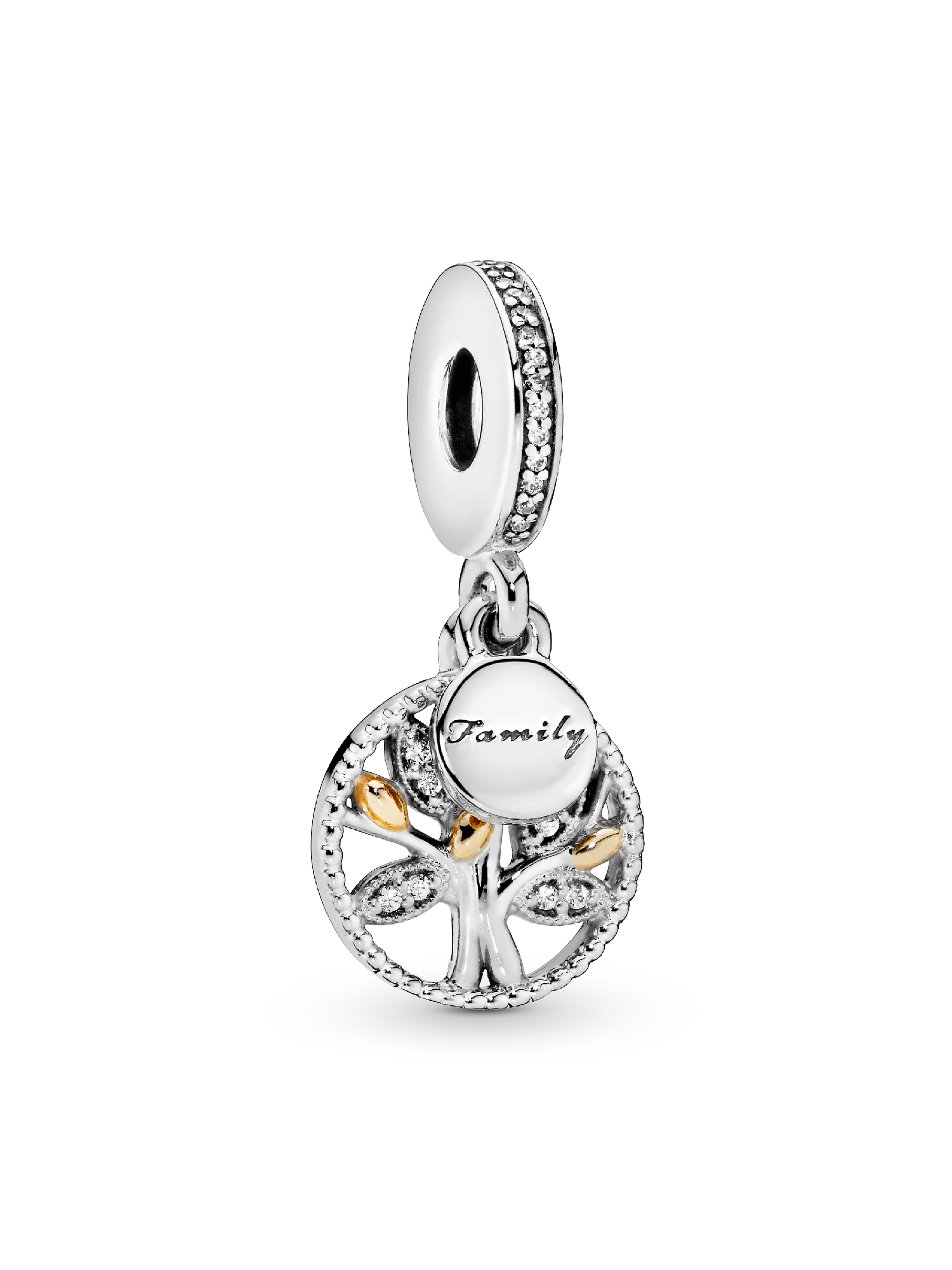 Family tree silver dangle with 14k and clear cubic zirconia