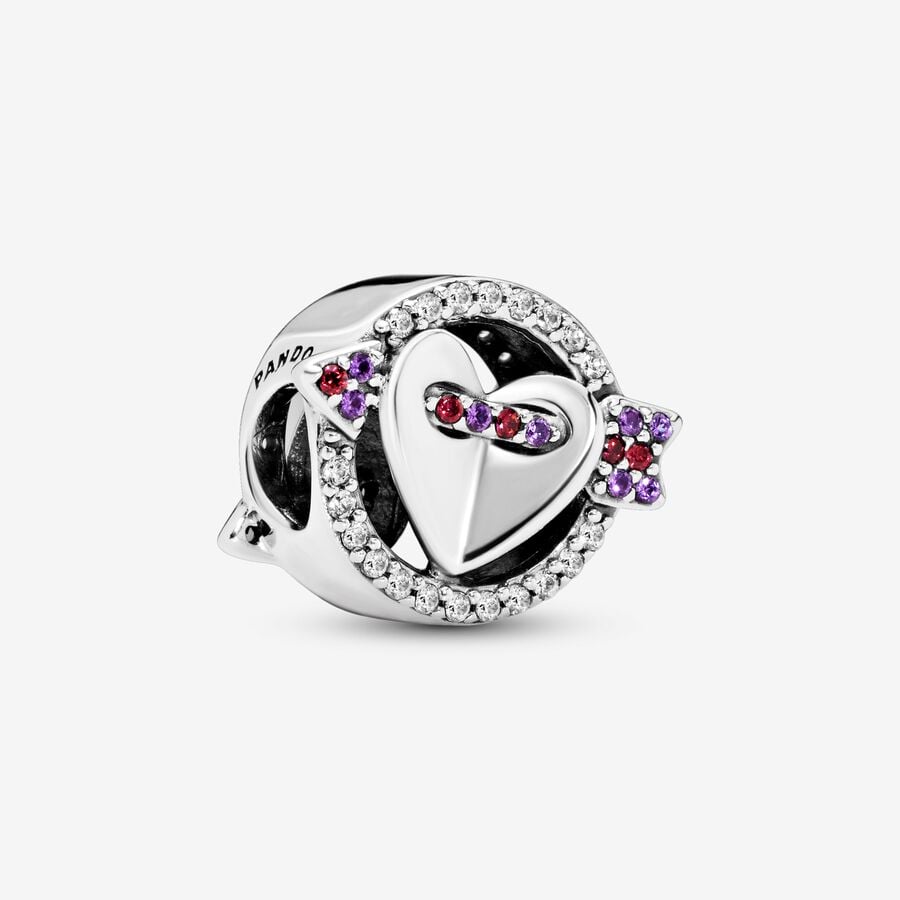 Heart and arrow silver charm with clear and red cubic zirconia and royal purple crystal image number 0