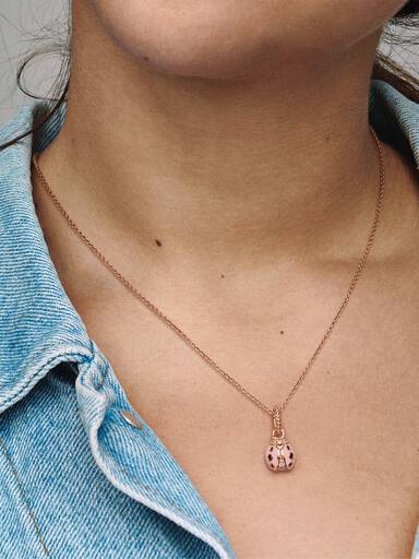 Ladybird 14k rose gold-plated pendant with clear cubic zirconia, black crystal and pink enamel