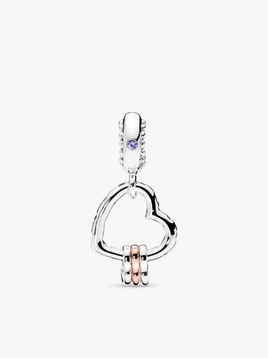 Heart silver and 14k rose gold-plated dangle with lilac crystal, royal purple crystal and clear cubic zirconia