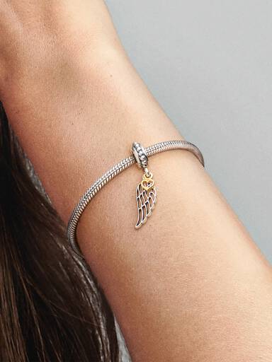 Angel wing silver dangle with 14k heart