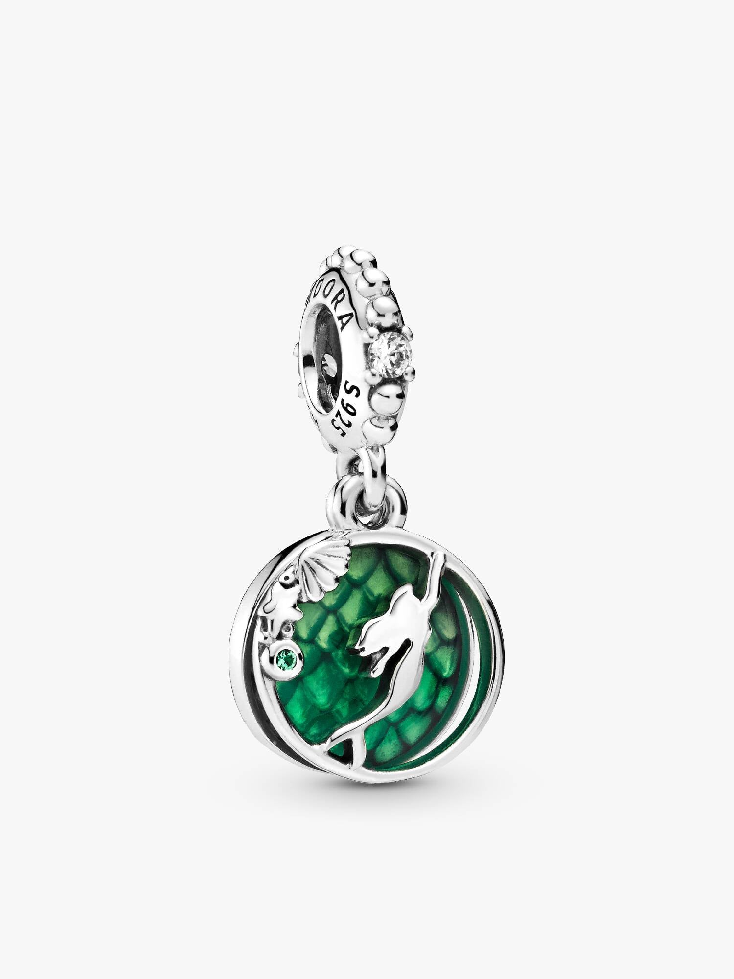 Disney Ariel sterling silver dangle with clear cubic zirconia, royal green crystal and green enamel