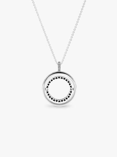 PANDORA logo spinning silver pendant with clear cubic zirconia and chain
