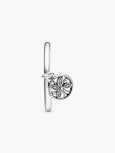 Family tree silver ring with clear cubic zirconia