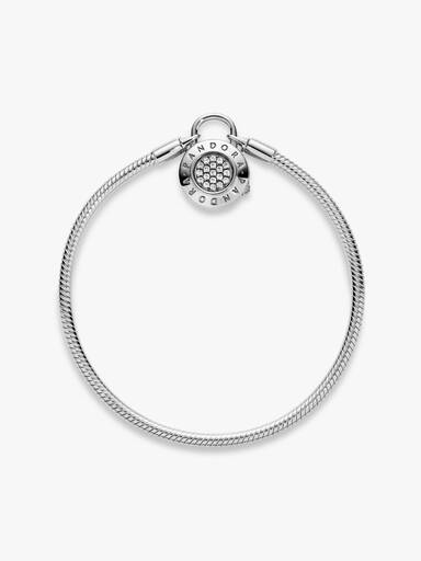 Snake chain silver bracelet and PANDORA logo padlock clasp with clear cubic zirconia