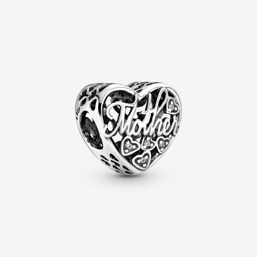 Mother and son heart silver charm with clear cubic zirconia image number 0