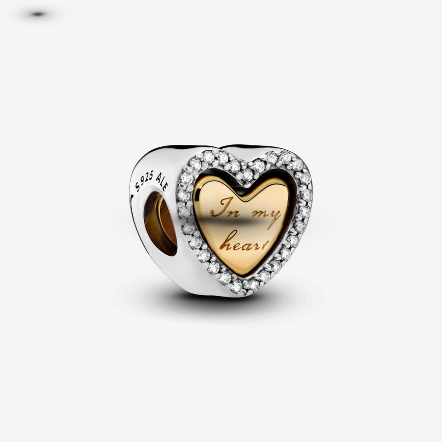 Heart 14k gold-plated and silver split charm with clear cubic zirconia image number 0