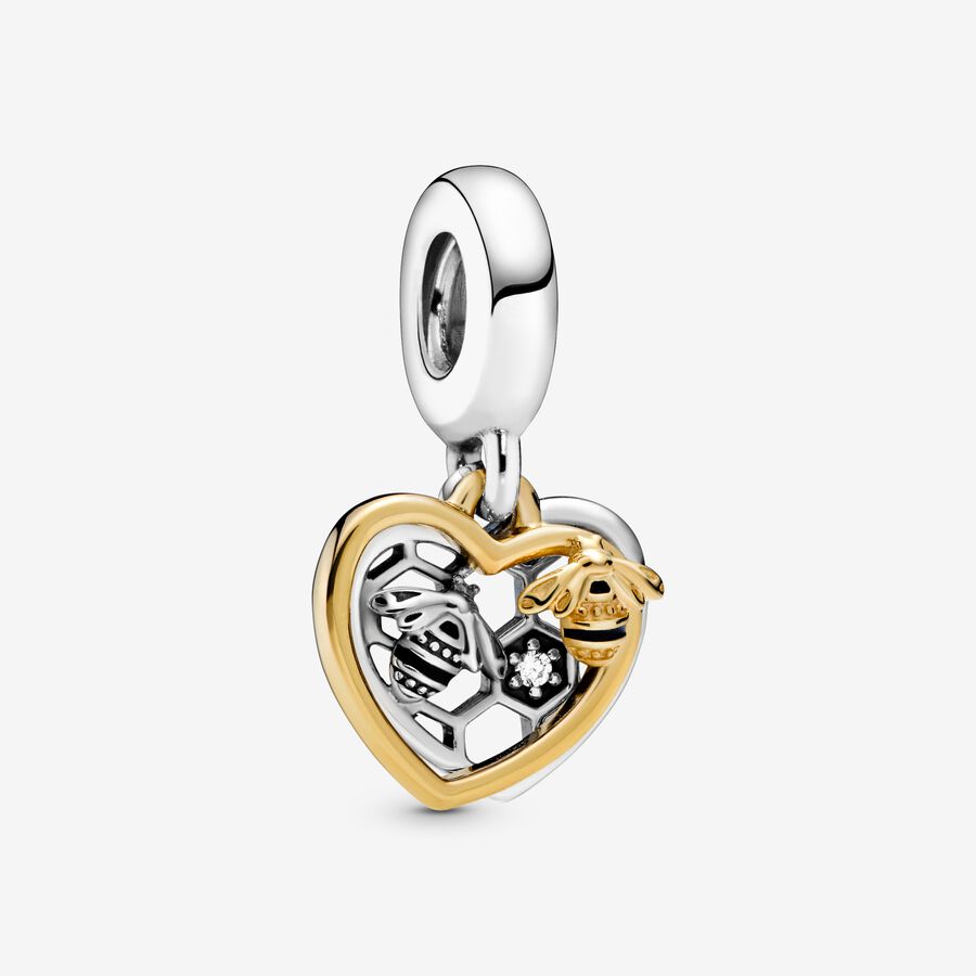 Heart and bee 14k gold-plated and sterling silver dangle with clear cubic zirconia and black enamel image number 0