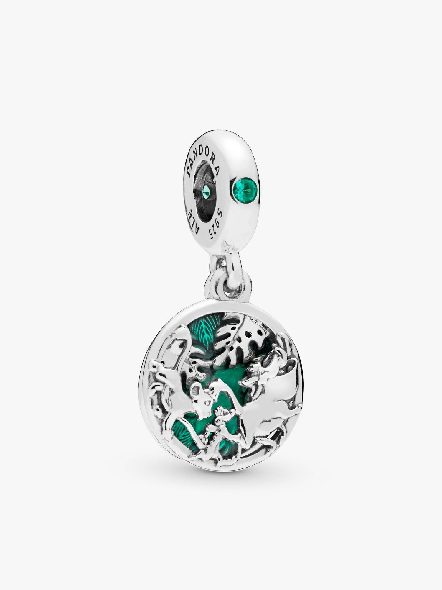 Disney Simba, Pumbaa and Timon silver dangle with royal green crystal and green enamel