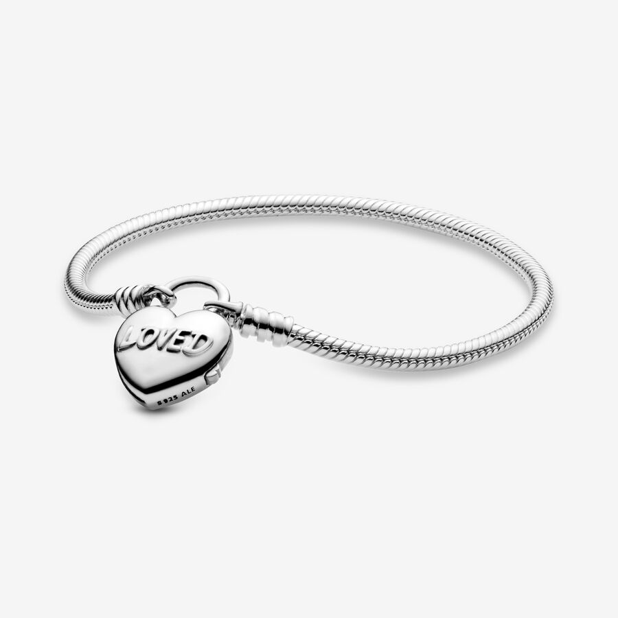 Snake chain silver bracelet and heart padlock clasp image number 0
