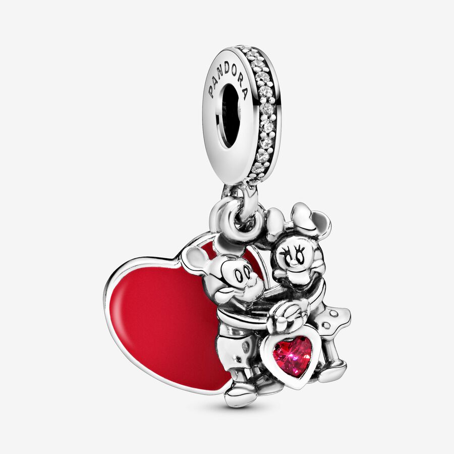 Disney Mickey, Minnie and heart silver dangle with red and clear cubic zirconia and red enamel image number 0