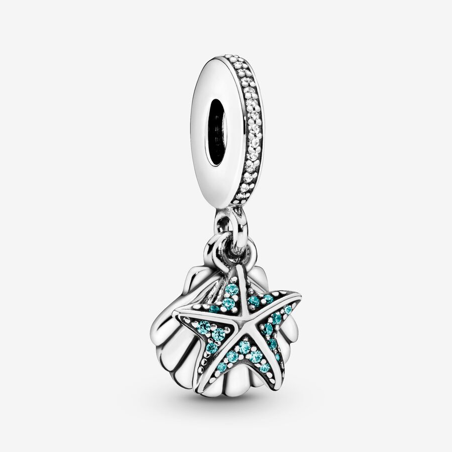 Starfish and shell silver dangle with frosty mint cubic zirconia and clear cubic zirconia image number 0