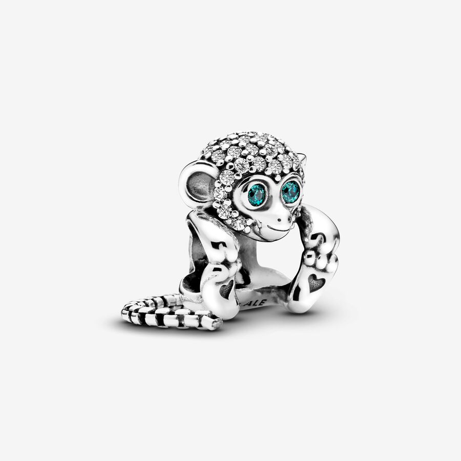 Monkey silver charm with clear and teal cubic zirconia image number 0