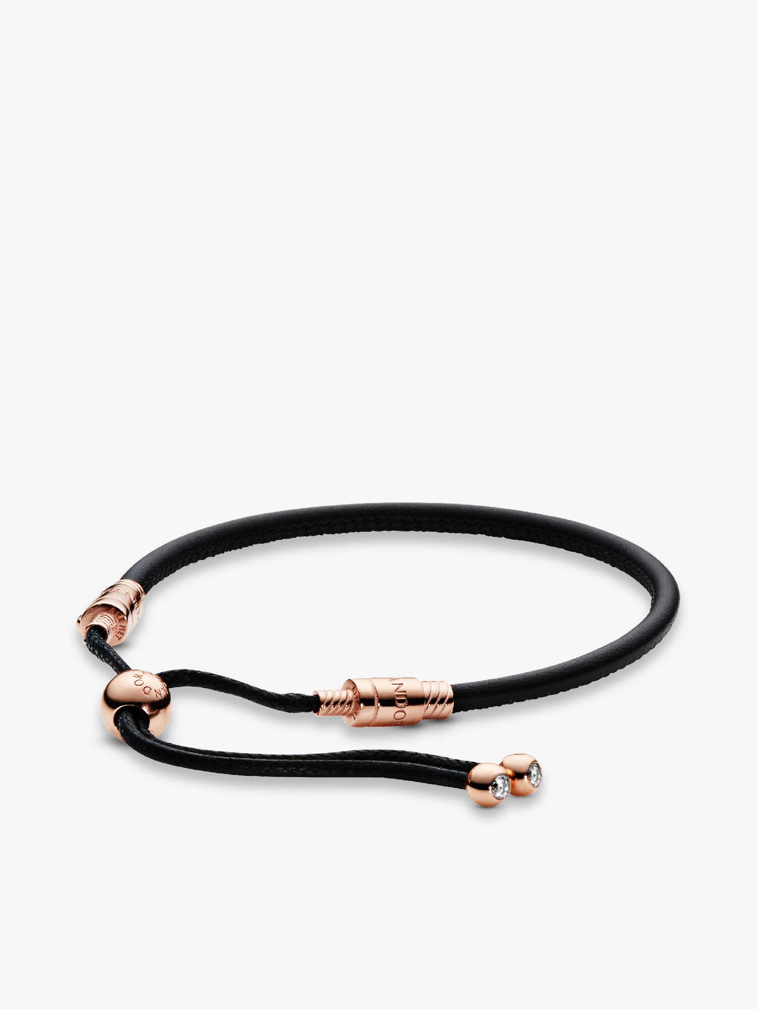 14k Rose gold-plated sliding bracelet in black leather, waxed cord with clear cubic zirconia