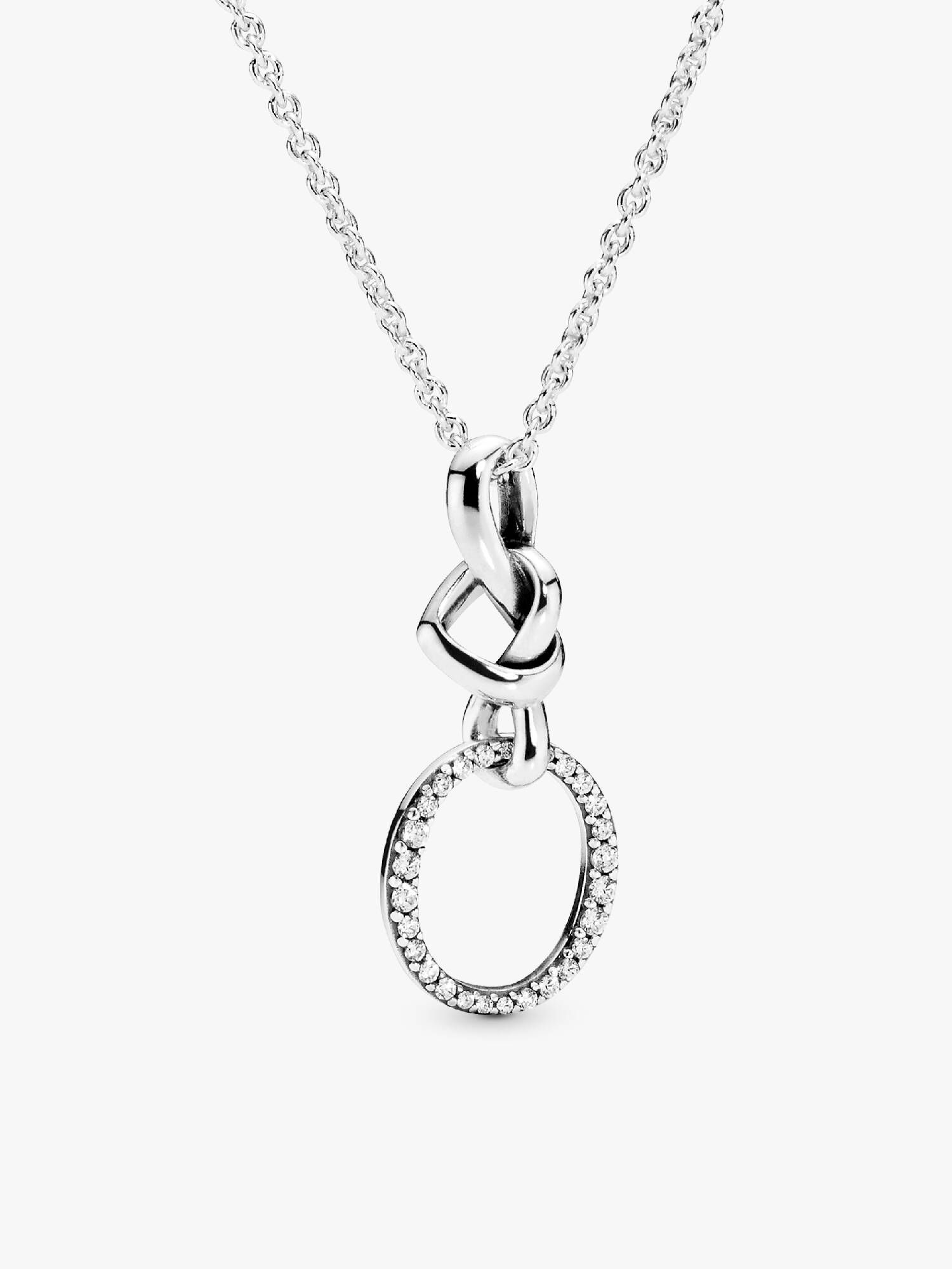 Knotted hearts silver pendant with clear cubic zirconia and necklace