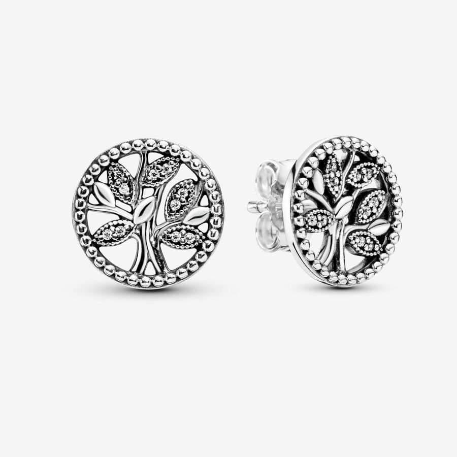 Family tree silver stud earrings with clear cubic zirconia image number 0
