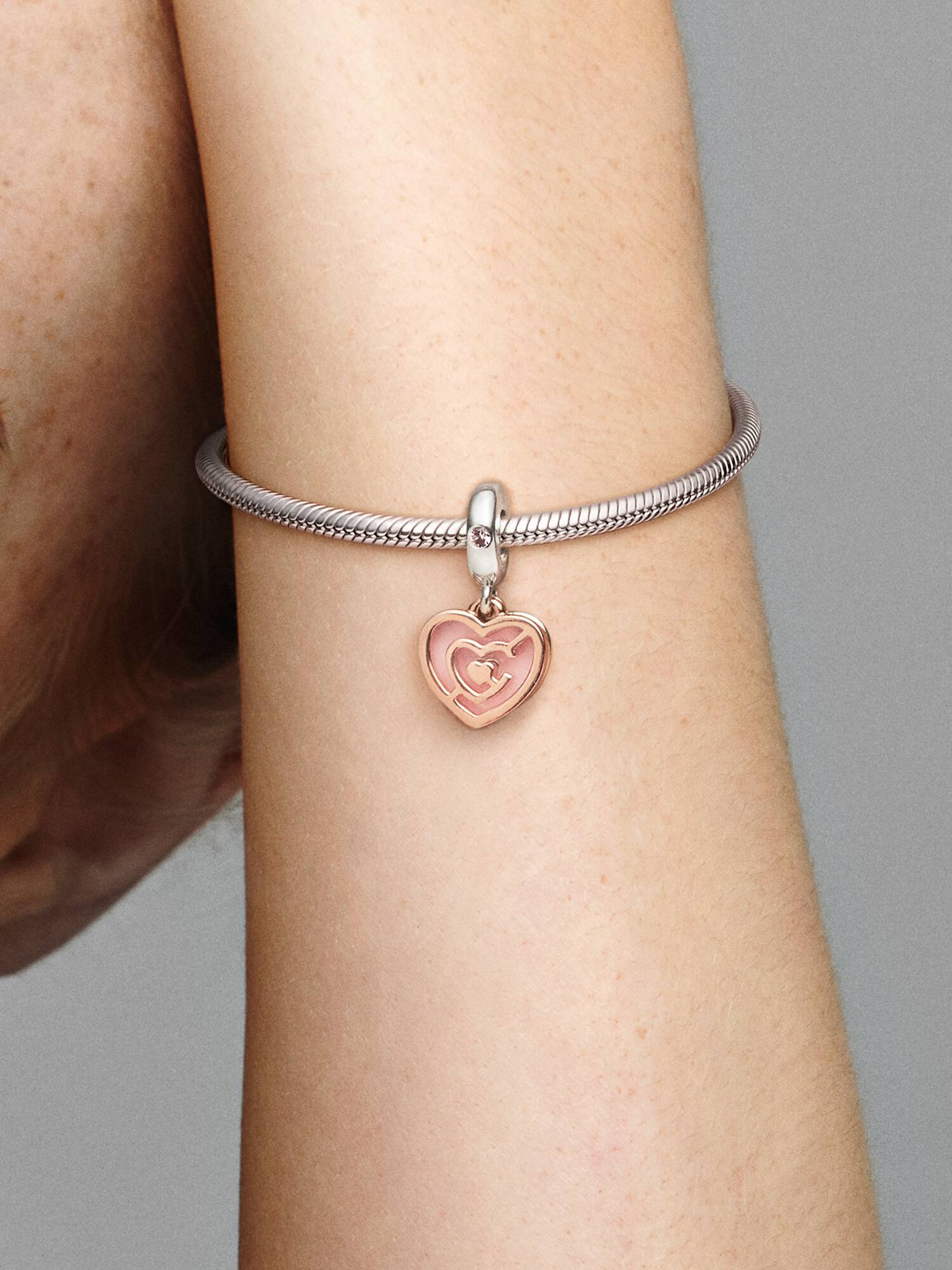 Labyrinth heart 14k rose gold-plated and silver dangle with blush pink crystal and pink enamel