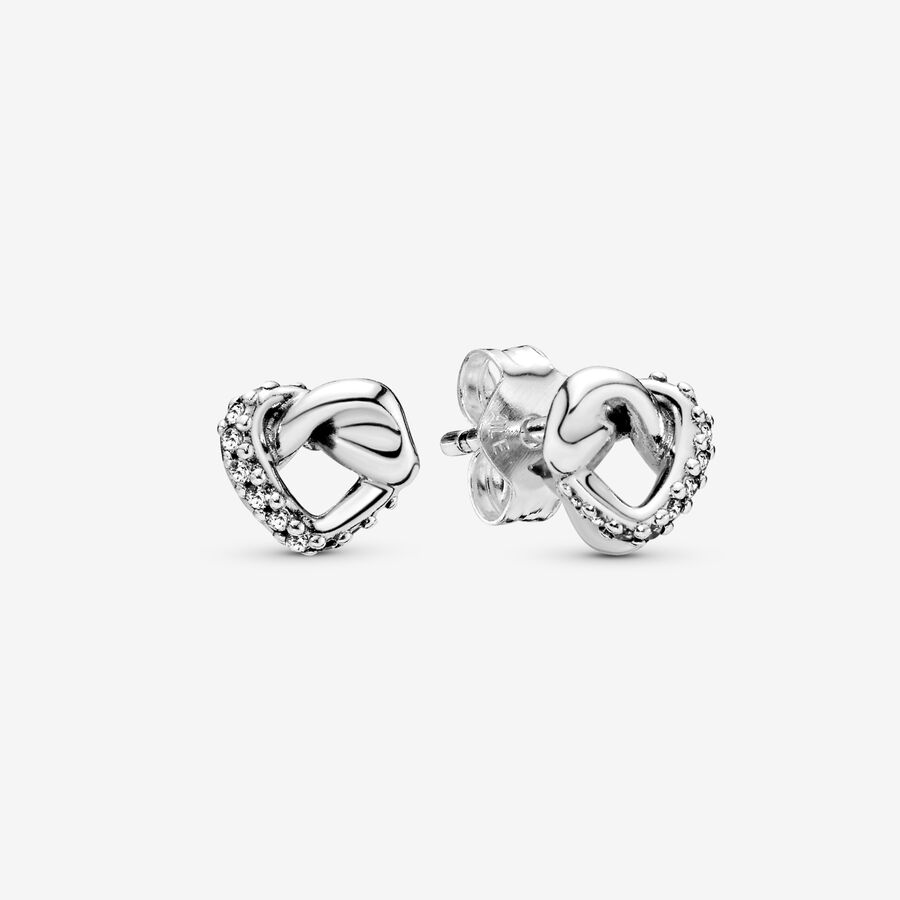 Knotted hearts silver stud earrings with clear cubic zirconia image number 0