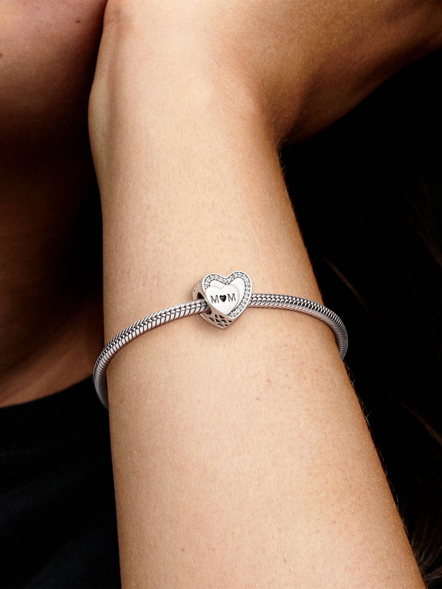 Mum heart silver charm with clear cubic zirconia