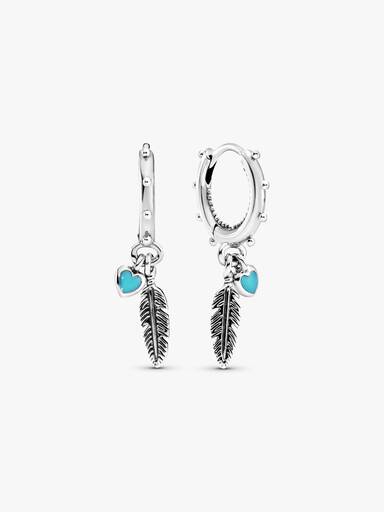 Feather silver hoop earrings with turquoise enamel