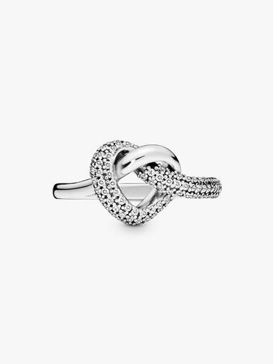 Knotted heart silver ring with clear cubic zirconia