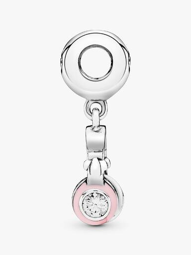 Headphones silver dangle with clear cubic zirconia and pink enamel