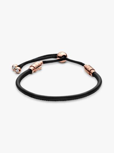 14k Rose gold-plated sliding bracelet in black leather, waxed cord with clear cubic zirconia