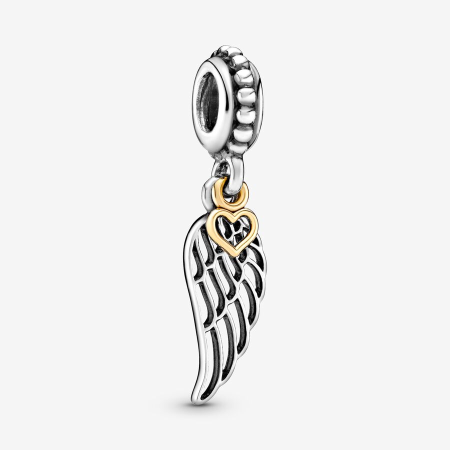 Angel wing silver dangle with 14k heart image number 0