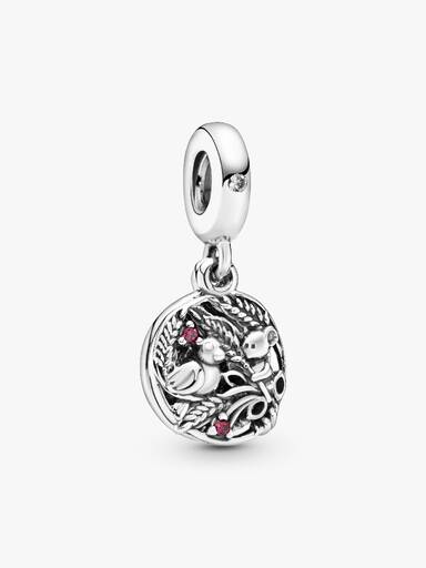 Wheatfield bird and mouse silver dangle with purple enamel, red and clear cubic zirconia